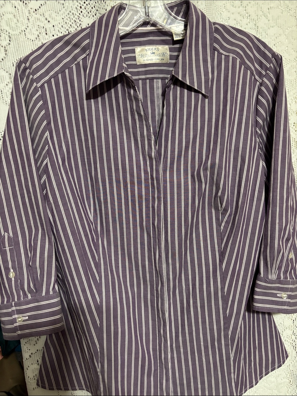 Riders by Lee Women’s Purple and White Striped Button-Down Shirt